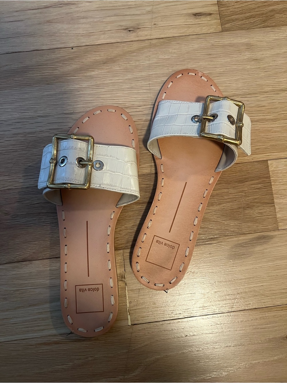 Dolce Vita White Croc Slide Sandals with Gold Buckle Accent